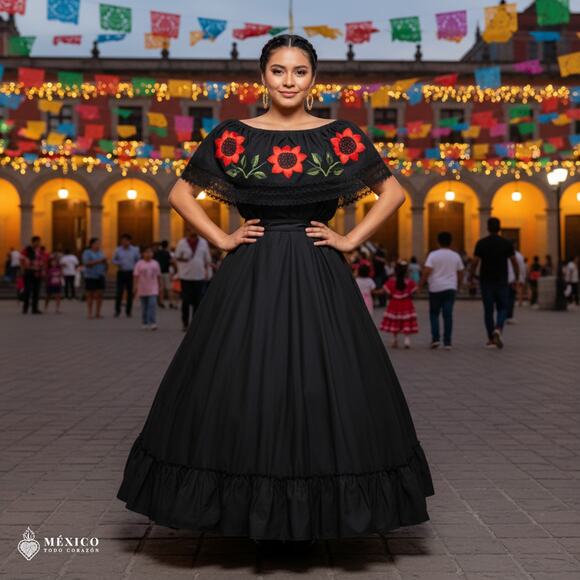 Traditional Mexican Embroidered Floral Dress Set – Handmade Two-Piece - Picture 2 of 8